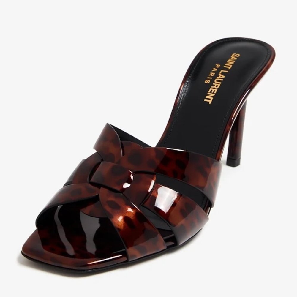 Saint Laurent YSL Tribute 85 Leopard Tartaruga Patent Mule Sandals Heels - Picture 2 of 16
